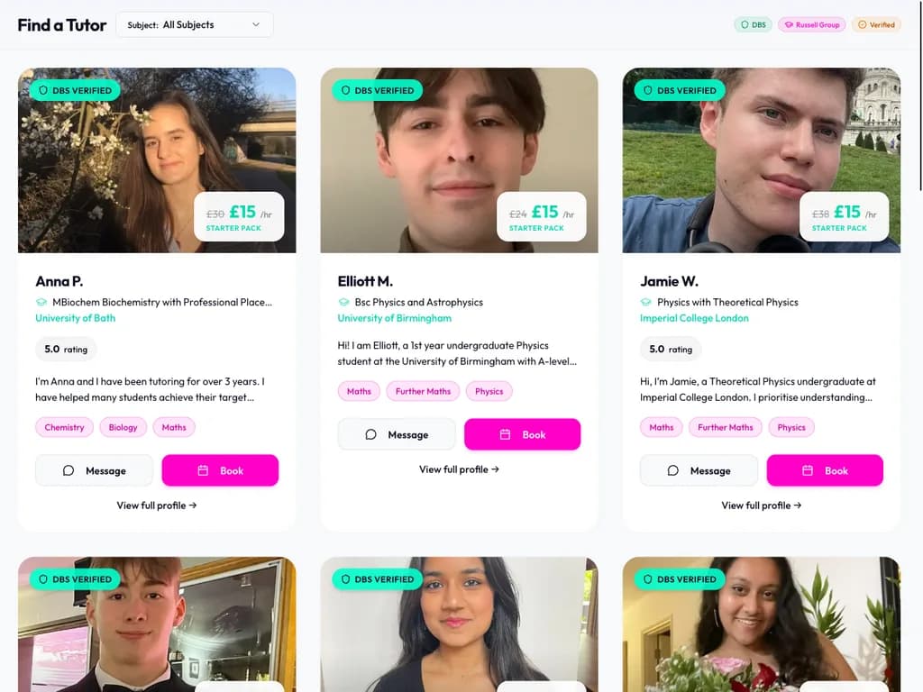 StudyGuru Find a Tutor page showing real DBS-checked tutors with Starter Pack pricing