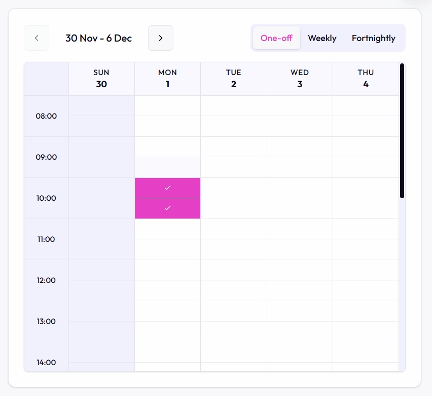 Booking calendar interface