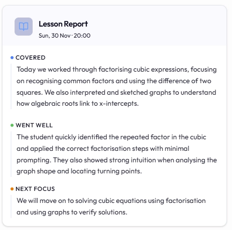 Lesson summary and progress tracking for parents